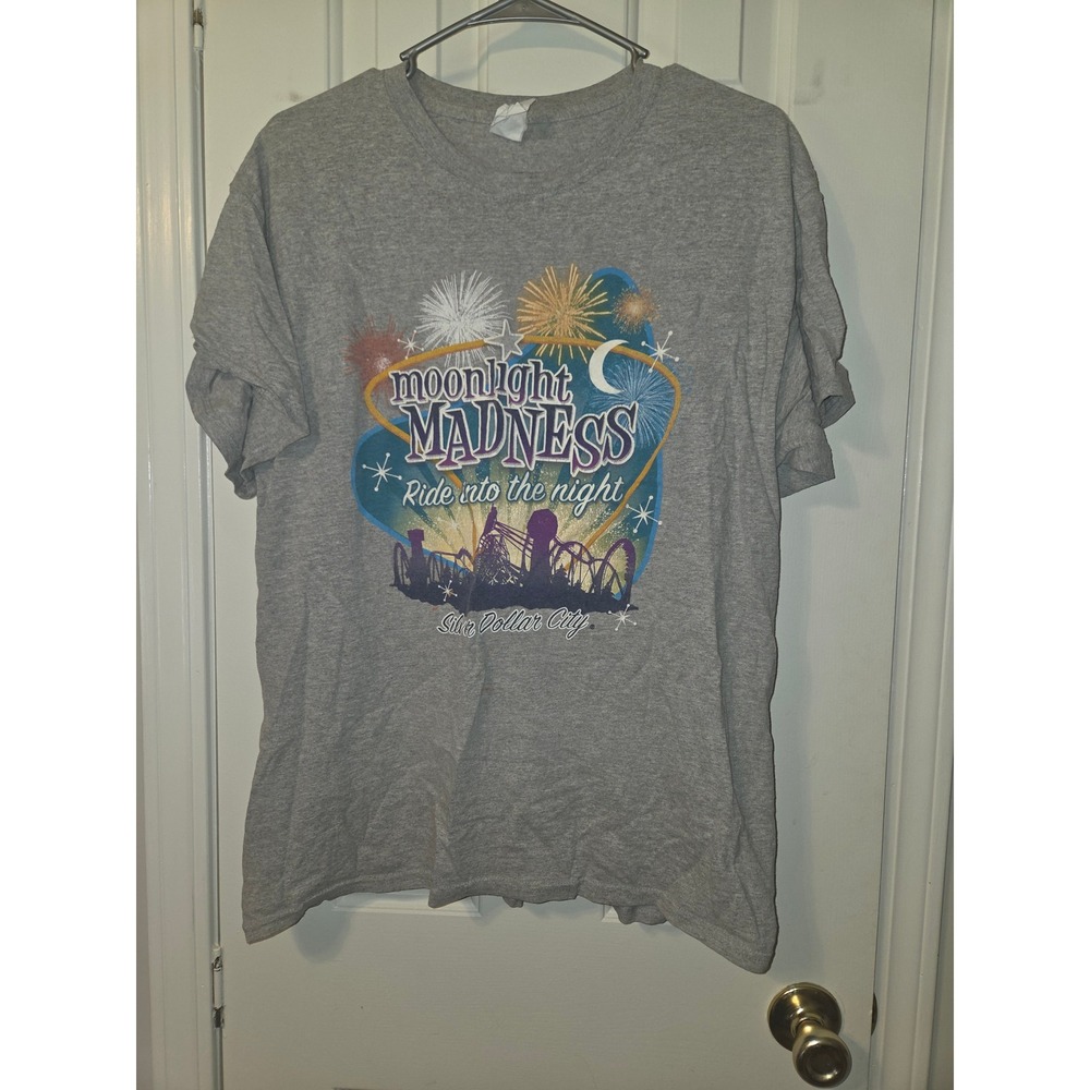 Silver Dollar City Moonlight Madness T-Shirt Mens L Gray Graphic Roller Coaster